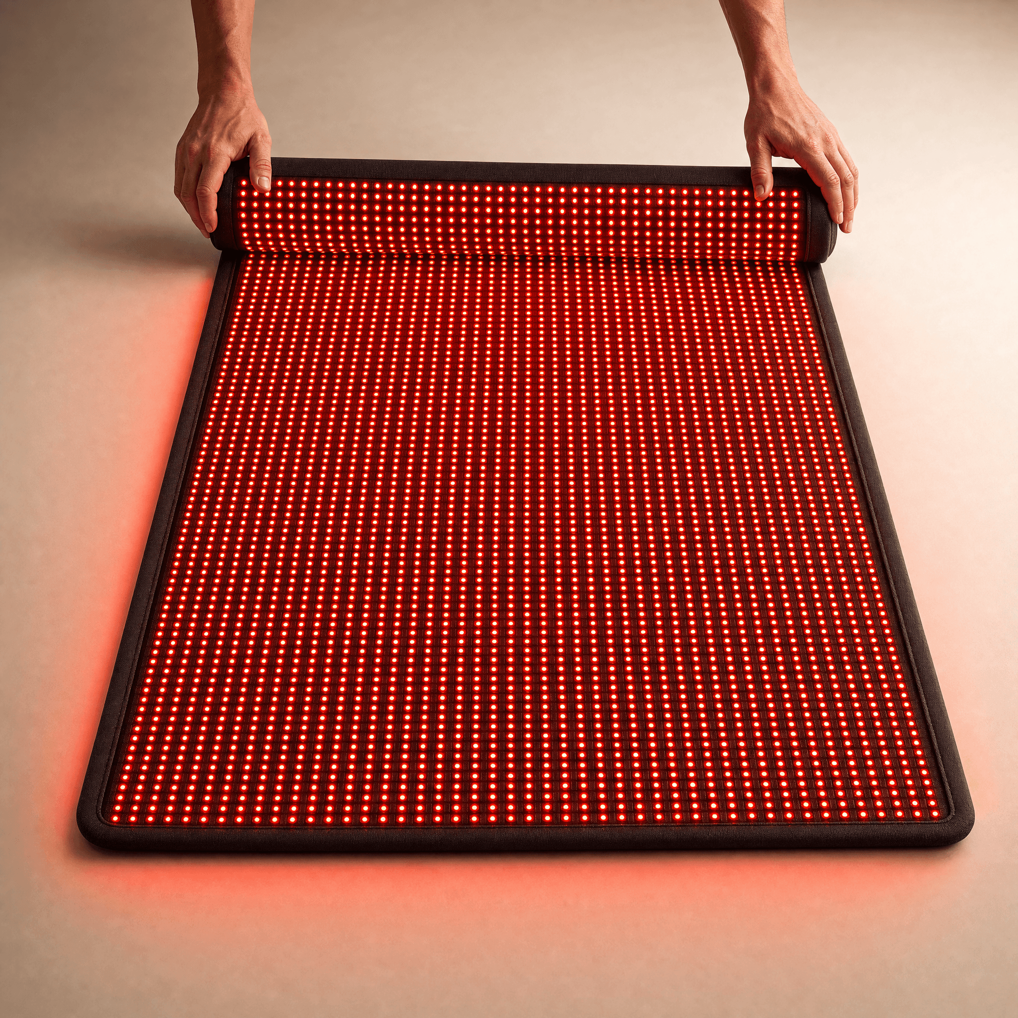 Hands unrolling the Dusk recovery mat
