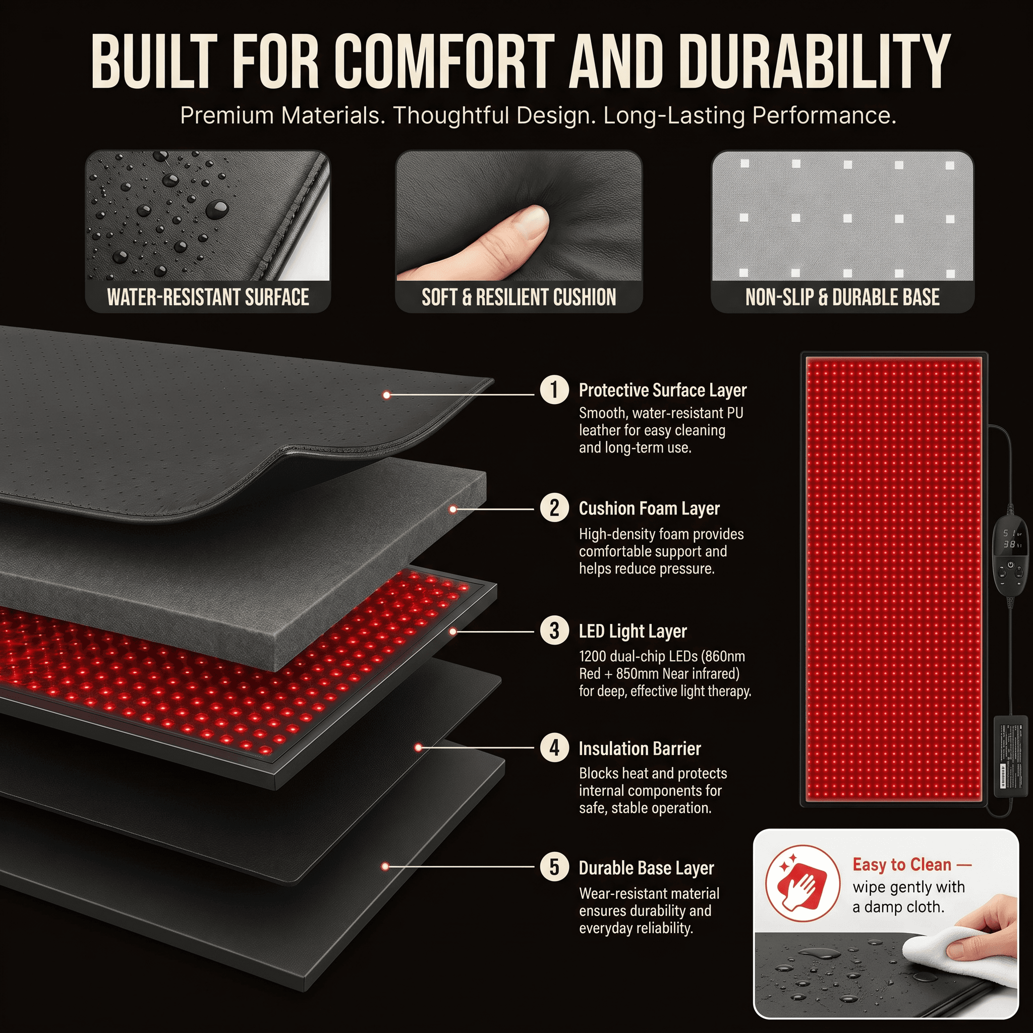 Dusk build quality: water-resistant surface, cushion foam, LED light layer, insulation barrier and durable base