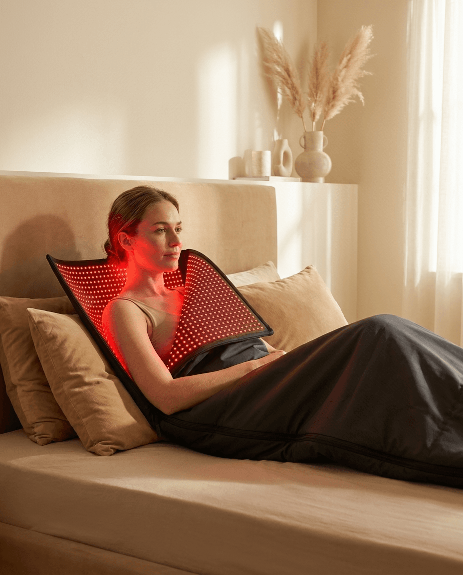 Woman receiving Lumina LED therapy while reclined on a bed